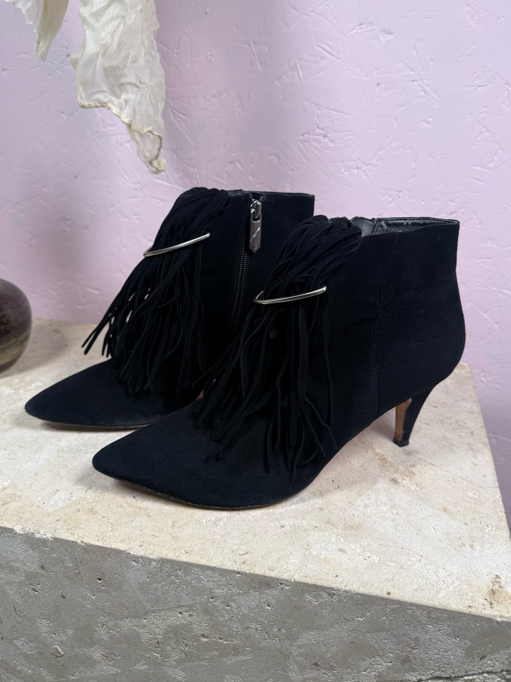 Brian Atwood Black Fringe Suede Ankle Boots Size 8.5